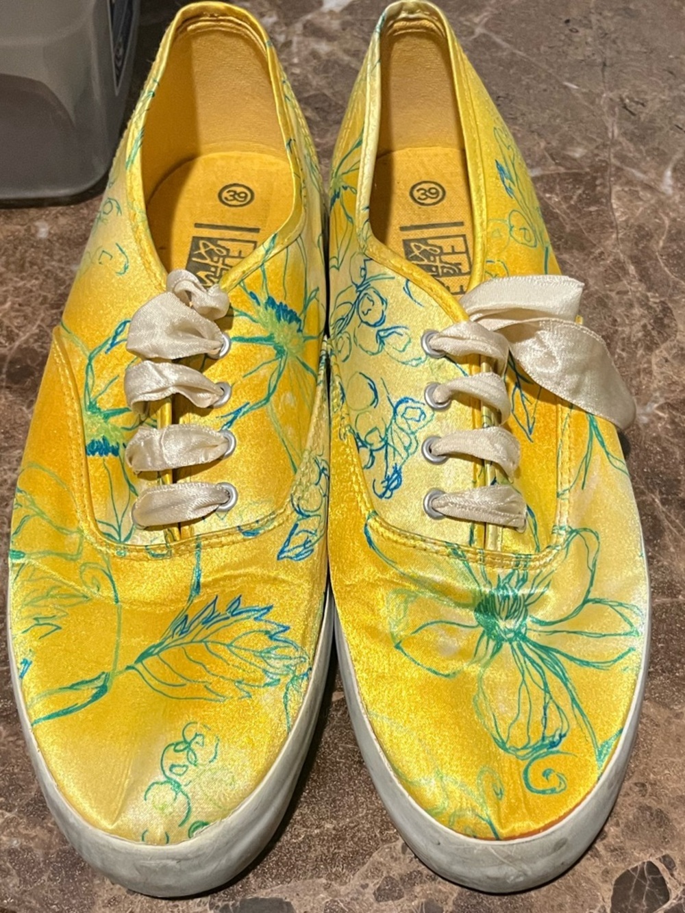 Yellow Floral Satin Lace-Up Women’s Sneakers